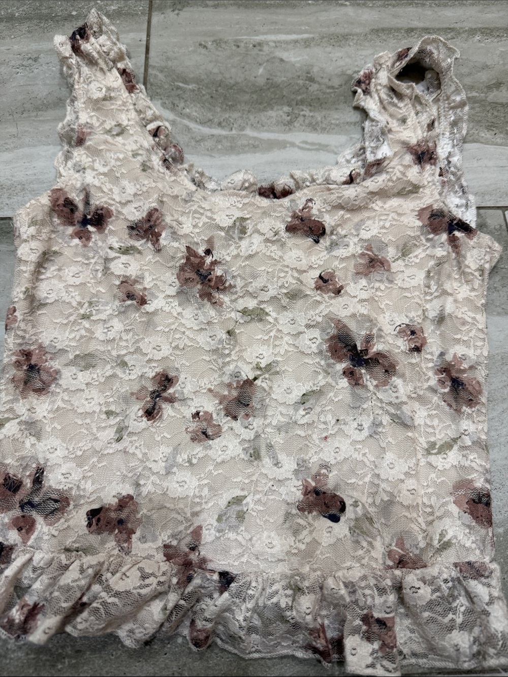 Lace Floral Ruffle Cami - Cream with Brown Floral - Picture 6 of 6